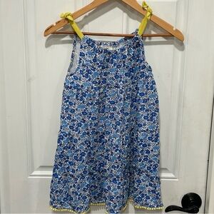 Mini Boden Girls Dress Blue Floral, Lined Sleeveless, Size 7-8Y, Yellow Pom Trim